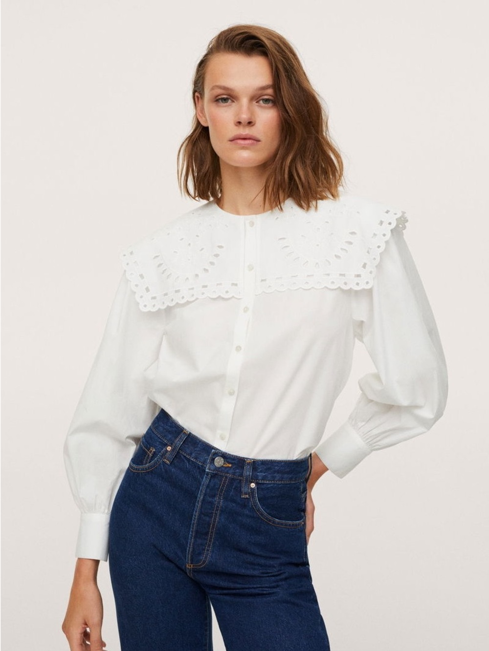 Mango White Eyelet 100% Cotton Babydoll Peter Pan Collar Blouse L NWOT Coquette